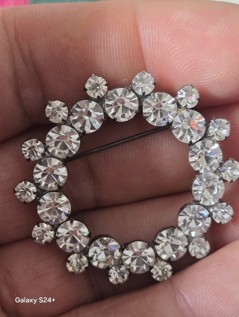Vintage Crystal Circle Brooch - Clear Rhinestone Accent